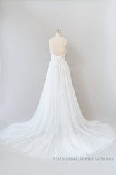 Amazing Long A-line Chapel Train Appliques Tulle Backless Wedding Dresses